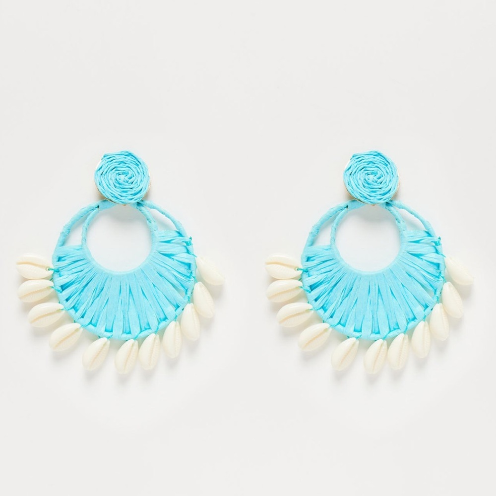 Large straw seashell baby blue earrings